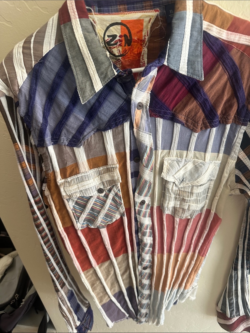 Robert Graham Multicolor Striped Patchwork Shirt with Orange Accent